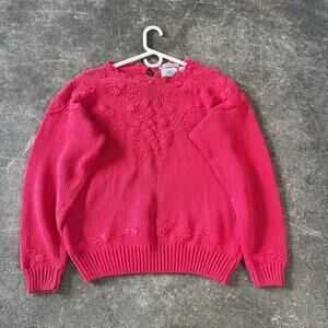 Vintage Cape Isle Knitters Sweater Womens S Red Floral Cable Knit Oversized